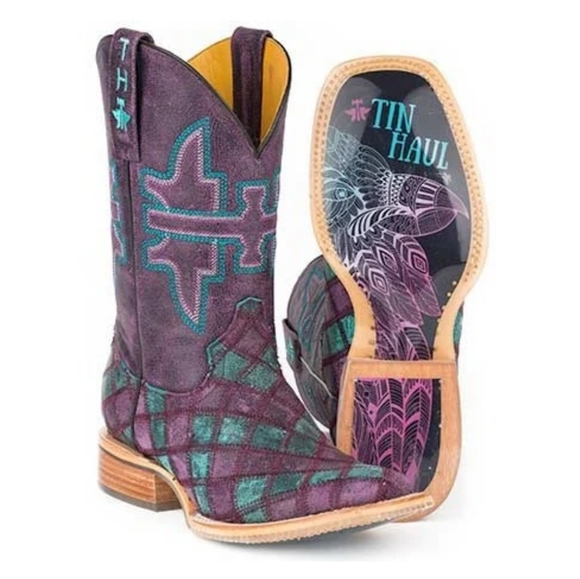 Tin Haul Shoes - TIN HAUL "Chevron" distressed purple & teal checkerboard leather cowgirl boots 7